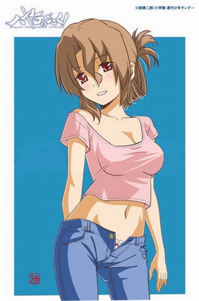 1girl, bare_shoulders, breasts, brown_hair, cleavage, denim, folded_ponytail, hayate_no_gotoku!