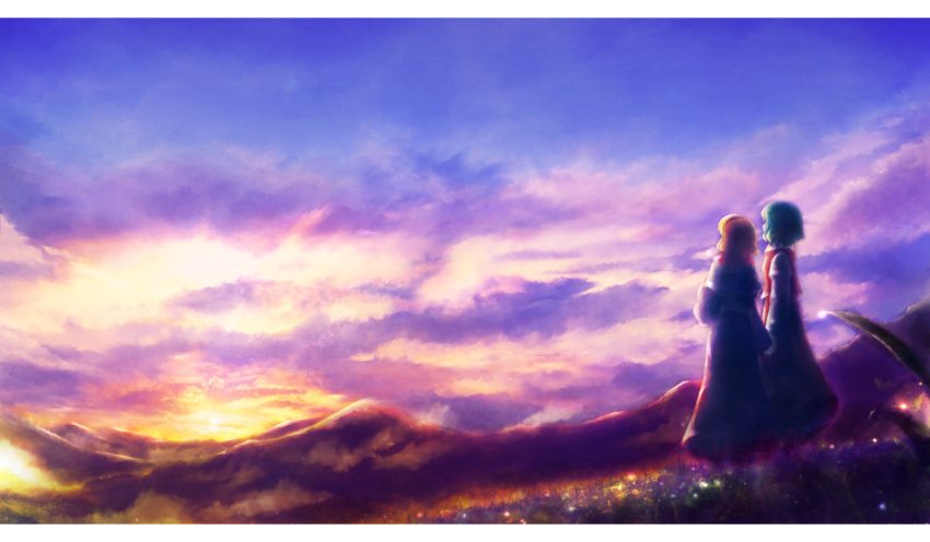 alice_margatroid, aqua_hair, backlighting, bad_id, blonde_hair, cloud, clouds, flower_field
