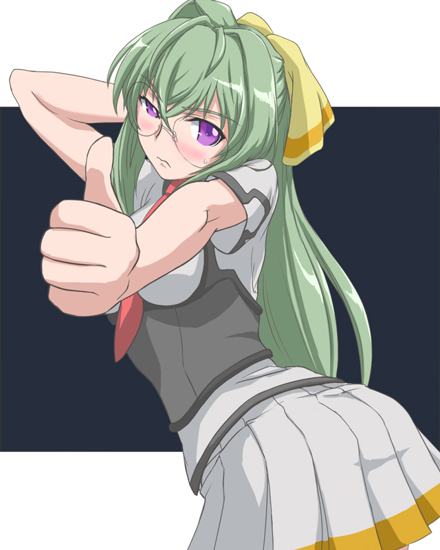 embarrassed, glasses, green_hair, hair_intakes, hair_ornament, hair_ribbon, kannagi_itsuki, kuga_natsuki