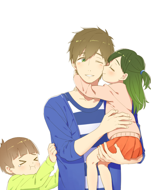 1girl, 2boys, free!, male_focus, multiple_boys, siblings, tachibana_makoto, tachibana_ran_(free!)
