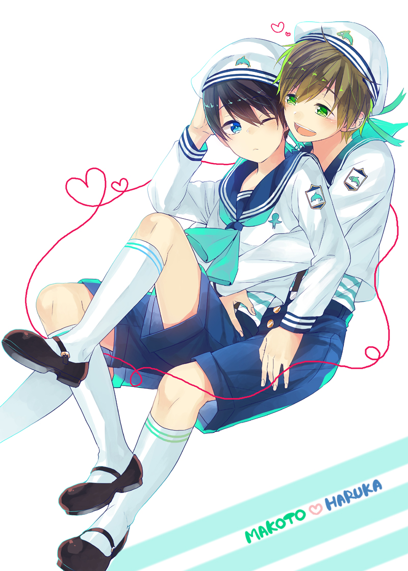 2boys, free!, gesshi, male_focus, multiple_boys, nanase_haruka_(free!), sailor_uniform, shorts