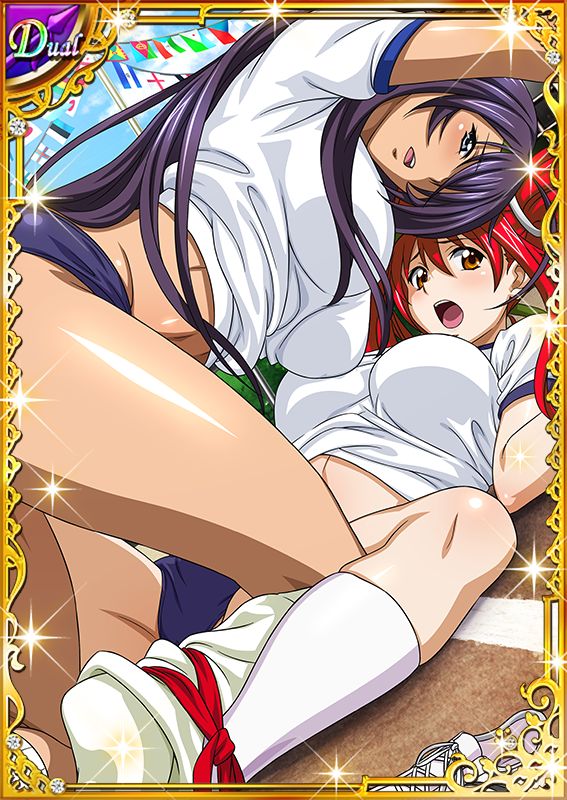 00s, 2girls, breasts, card_(medium), female, gym_uniform, hair_ornament, ikkitousen