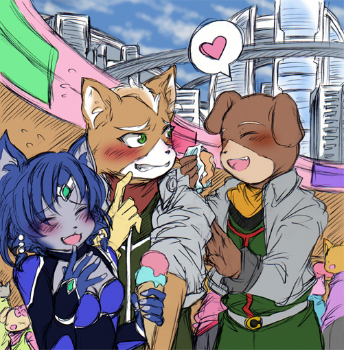 1girl, 2boys, bill_grey, blue_hair, blush, bodysuit, closed_eyes, fox_mccloud