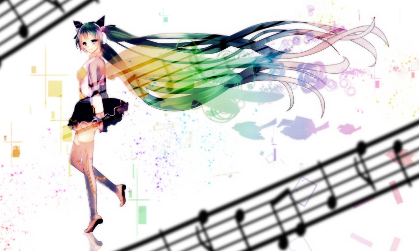 1girl, animal_ears, ashitaba, blue_hair, female, hatsune_miku, highres, long_hair, multicolored_hair, odds_&amp;_ends_(vocaloid), reflection, skirt, solo, twintails, vocaloid
