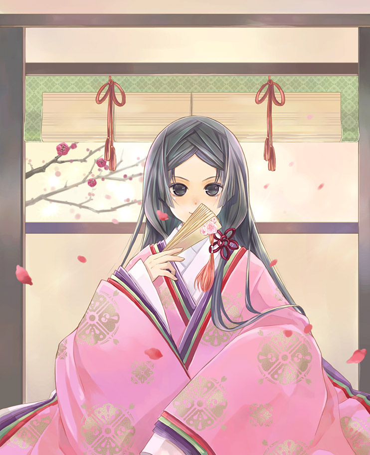 folding_fan, heian, japanese_clothes, kimono, kuga_tsukasa, original, plum_blossoms, solo