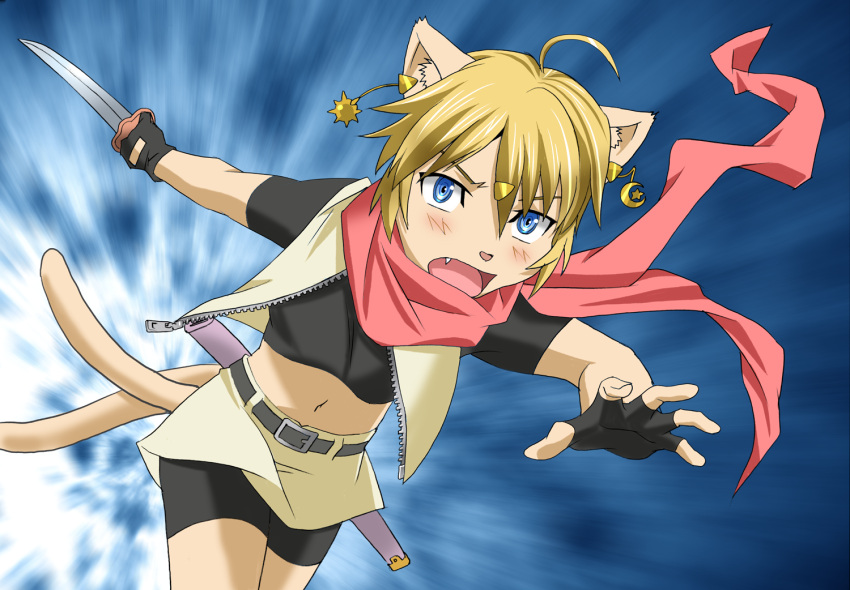 1girl, animal_ears, attacking, blonde_hair, blue_eyes, cat, fang, female