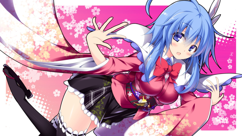 1girl, blue_eyes, blue_hair, blush, bow, breasts, female, long_hair, mahou_shoujo_taisen, minase_yana, sakurame, skirt, solo, thigh-highs