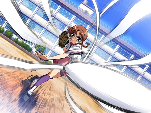 baseball_mitt, braid, brown_hair, dutch_angle, game_cg, glasses, green_eyes, gym_uniform, maple_colors, momoi_youko, throw, throwing, twin_braids