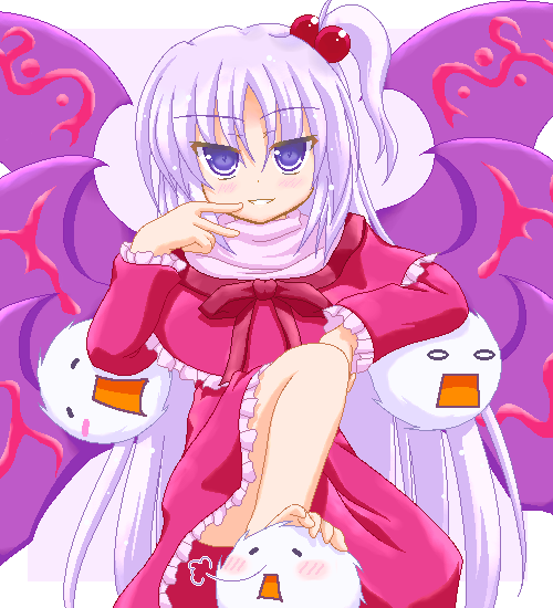 blue_eyes, feet, hair_bobbles, hair_ornament, kedama, marimo_(artist), marimo_(pixiv4455), multiple_wings, purple_hair, shinki, side_ponytail, sitting, touhou, wings