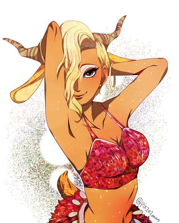 1girl, animal_ears, antlers, bikini_top, blonde_hair, bracelet, breasts, dark_skin, disney, eyelashes, gazelle_(zootopia), hair_over_one_eye, horns, jewelry, personification, skirt, tail, zootopia