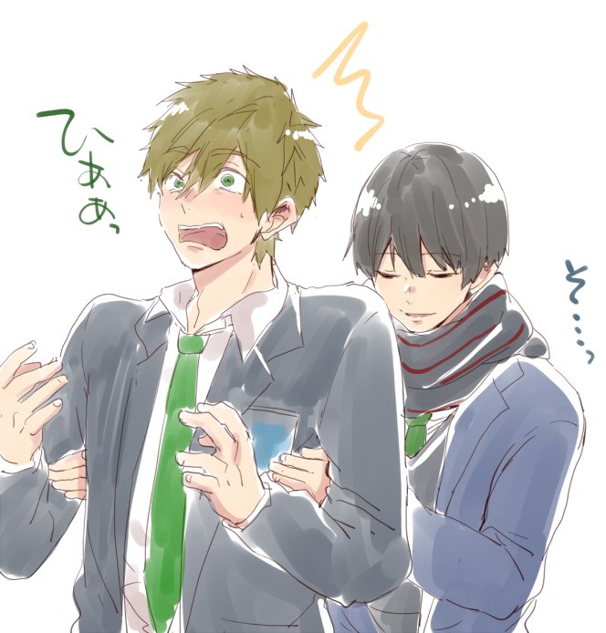 2boys, crossover, free!, kyoto_animation, kyoukai_no_kanata, male_focus, multiple_boys, nase_hiroomi