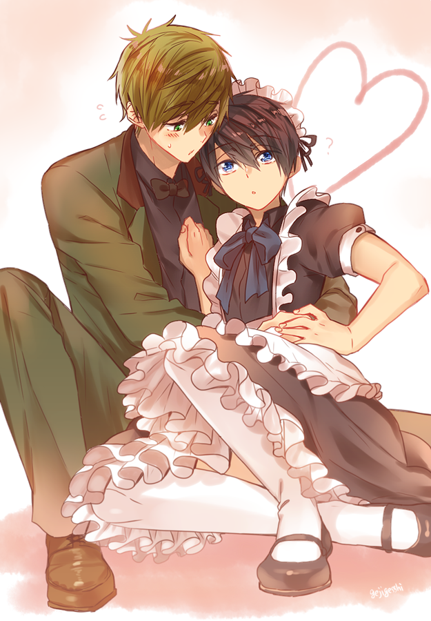 2boys, crossdressinging, gesshi, high_speed!, maid, male_focus, multiple_boys, nanase_haruka_(free!)