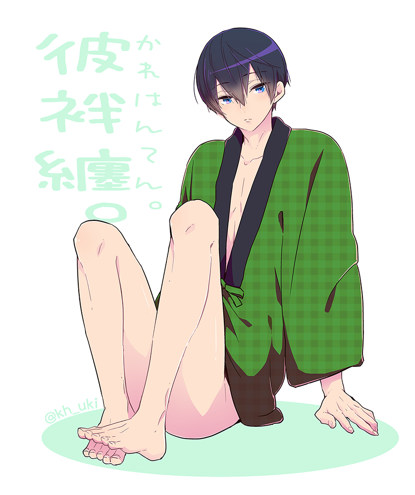 1boy, barefoot, black_hair, blue_eyes, bottomless, free!, hato_yu-ki, male_focus