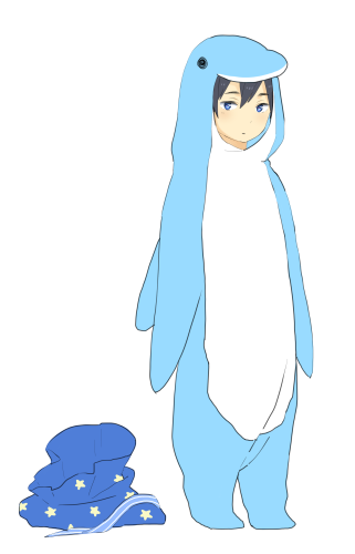 1boy, black_hair, blue_eyes, dolphin_costume, free!, male_focus, nanase_haruka_(free!), nyan_mi