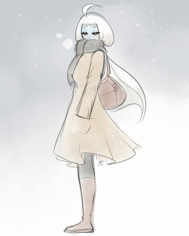 1girl, ahoge, black_sclera, blue_skin, cold, dullahan, hand_in_pocket, lala_(monster_musume)