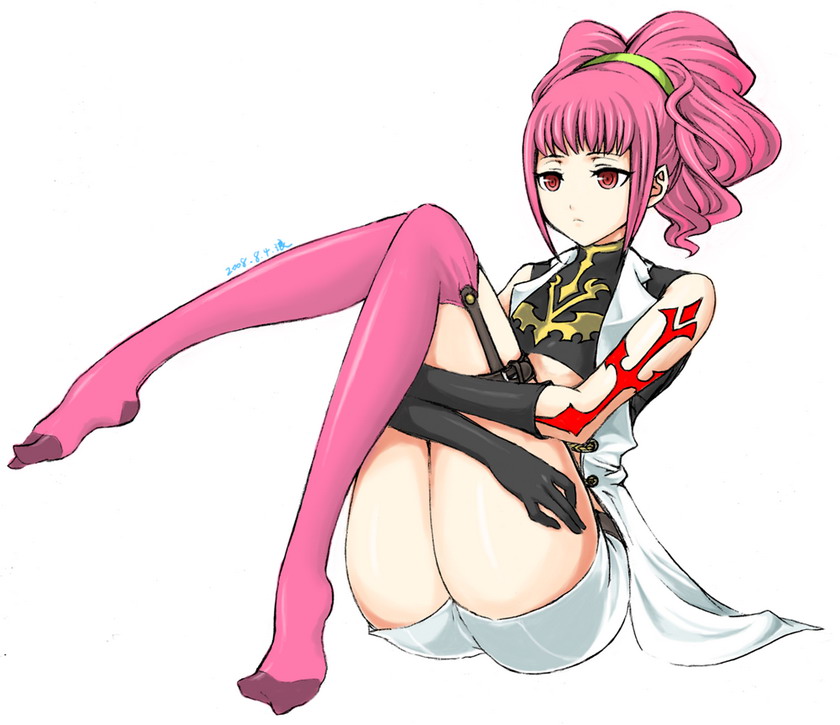 1girl, anya_alstreim, ass, bare_shoulders, code_geass, expressionless, feet, gloves, lang_(chikage36), leg_hug, legs, long_hair, no_shoes, pink_hair, pink_legwear, red_eyes, shorts, solo, tattoo, thigh-highs, twintails