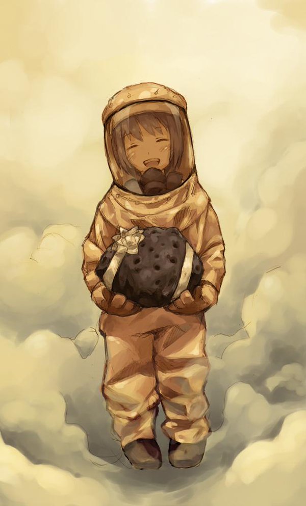 1girl, :d, boots, closed_eyes, female, gift, gloves, hazmat_suit, inuinu_(project_october), ken_makiba, meteor, open_mouth, rock, short_hair, smile, solo