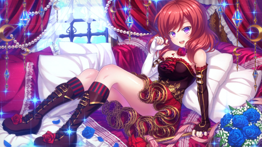 1girl, boots, dress, elbow_gloves, female, flower, gloves, happy