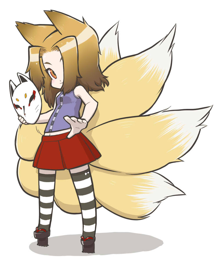 bad_id, brown_hair, chibi, fox_ears, fox_mask, fox_tail, geta, kyuubi