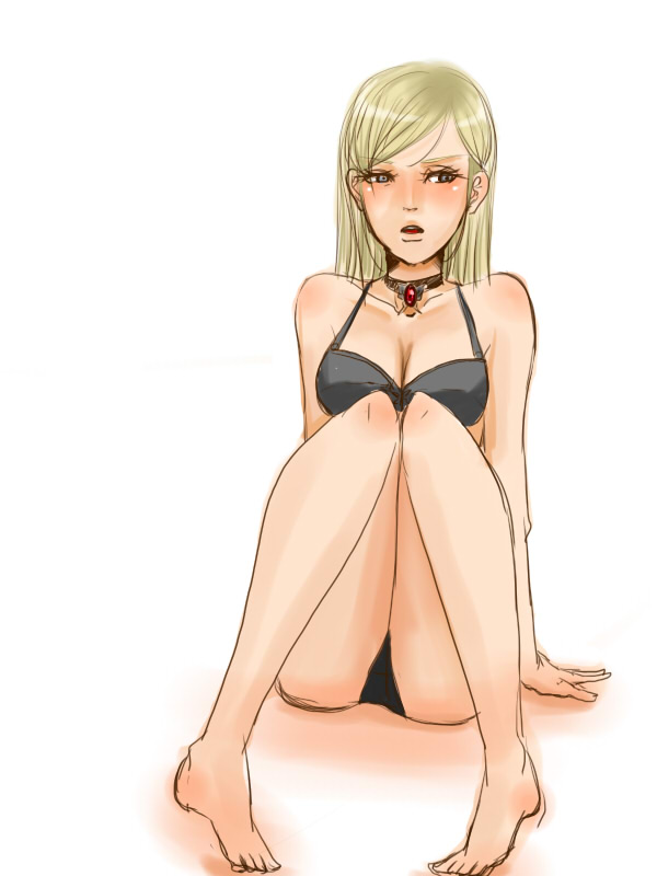 1girl, alexia_ashford, ass, barefoot, blonde_hair, bra, breasts, collar