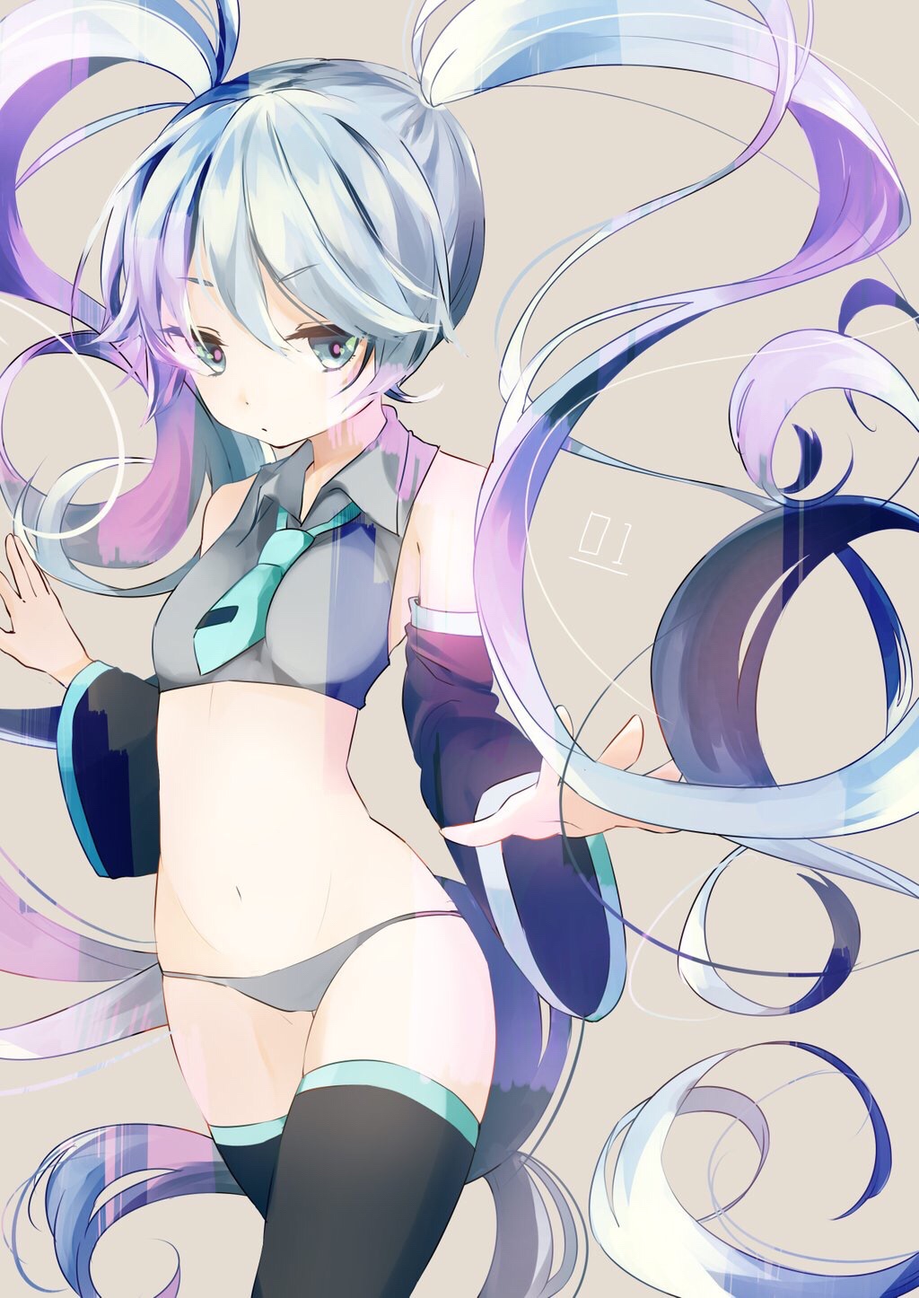 1girl, blue_eyes, blue_hair, cowboy_shot, detached_sleeves, hatsune_miku, highres, long_hair, necktie, no_pants, panties, solo, thigh-highs, twintails, underwear, very_long_hair, vocaloid, yuuani