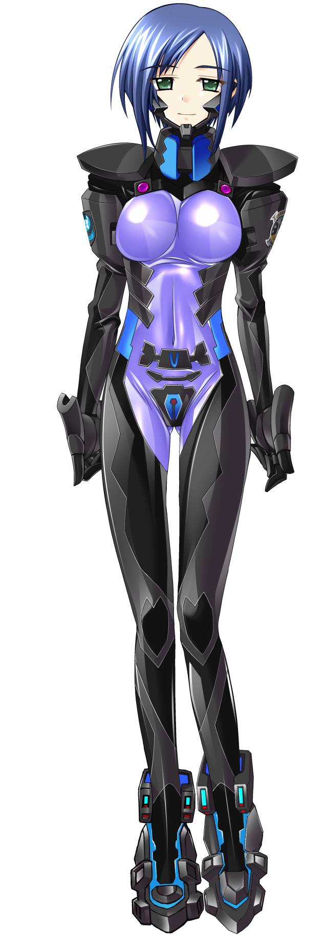 1girl, blue_hair, bodysuit, breasts, cockpit, game_cg, green_eyes, highres