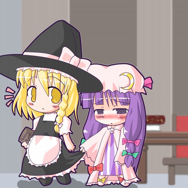 blush, kirisame_marisa, patchouli_knowledge, pull, purple_eyes, purple_hair, skirt_grab, skirt_lift