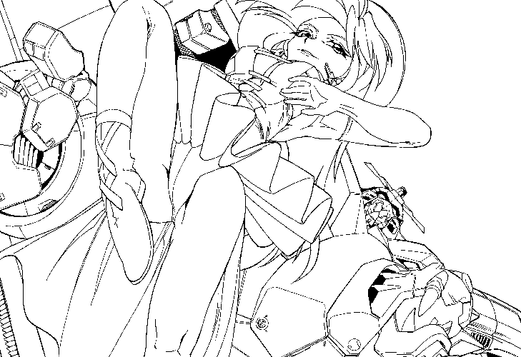 1girl, 90s, ballerina, breasts, cleavage, corset, crotch, earrings, female, from_below, gloves, hand_on_hip, key, large_breasts, leg_up, lineart, long_gloves, long_hair, mecha, monochrome, primarda, robot_girl, solo_focus, tutu, yuusha_ou_gaogaigar, yuusha_series