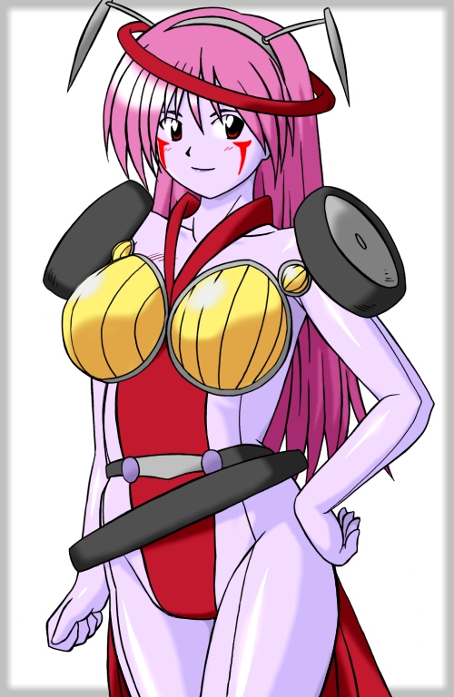 1girl, 90s, antennae, breasts, cleavage, female, hand_on_hip, headlights, large_breasts, long_hair, pink_hair, primarda, purple_skin, red_eyes, robot_girl, smile, solo, steering_wheel, tire, windshield_wipers, yuusha_ou_gaogaigar, yuusha_series