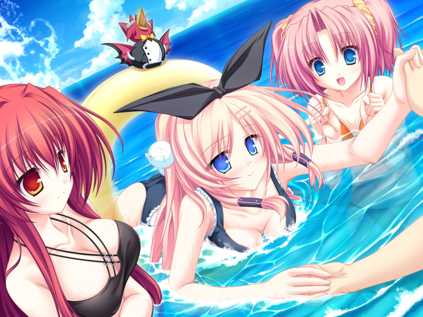 3girls, 77, amane_ruru, bare_shoulders, bikini, blonde_hair, blue_eyes, blush