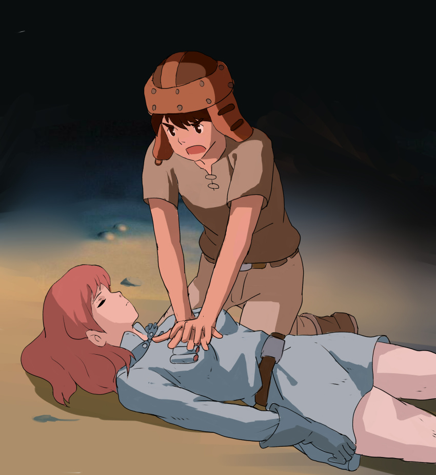 1boy, 1girl, asphyxiation, closed_eyes, cpr, kaze_no_tani_no_nausicaa, lying, nausicaa