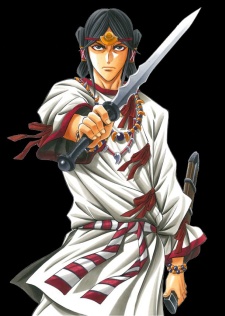 1boy, 90s, black_hair, jewelry, kofun_period, male_focus, sash, sheath, simple_background, solo, sword, watsuki_nobuhiro, weapon, yamato_takeru, yamato_takeru_(manga)