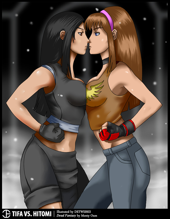 2girls, black_hair, blue_eyes, breast_press, breasts, brown_eyes, brown_hair, cleavage