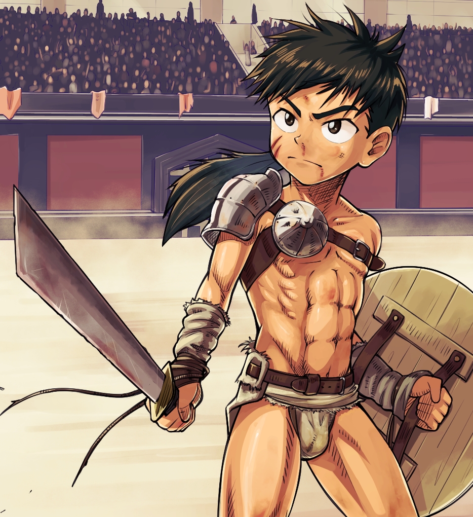 abs, blood, bulge, copyright_request, male_focus, muscle, outdoors, pecs, public, satou_(satohstc), scar, shota, sword, tagme