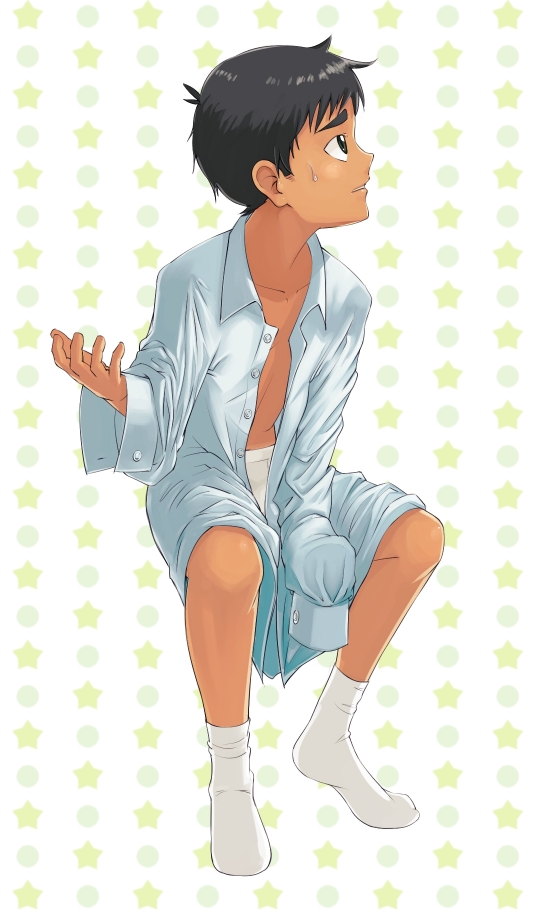 1boy, black_hair, child, male_focus, original, oversized_clothes, satou_(satohstc), socks