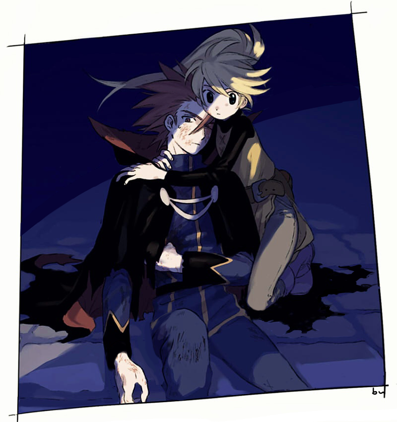 1boy, 1girl, blonde_hair, cape, holding, injured, long_hair, orange_hair