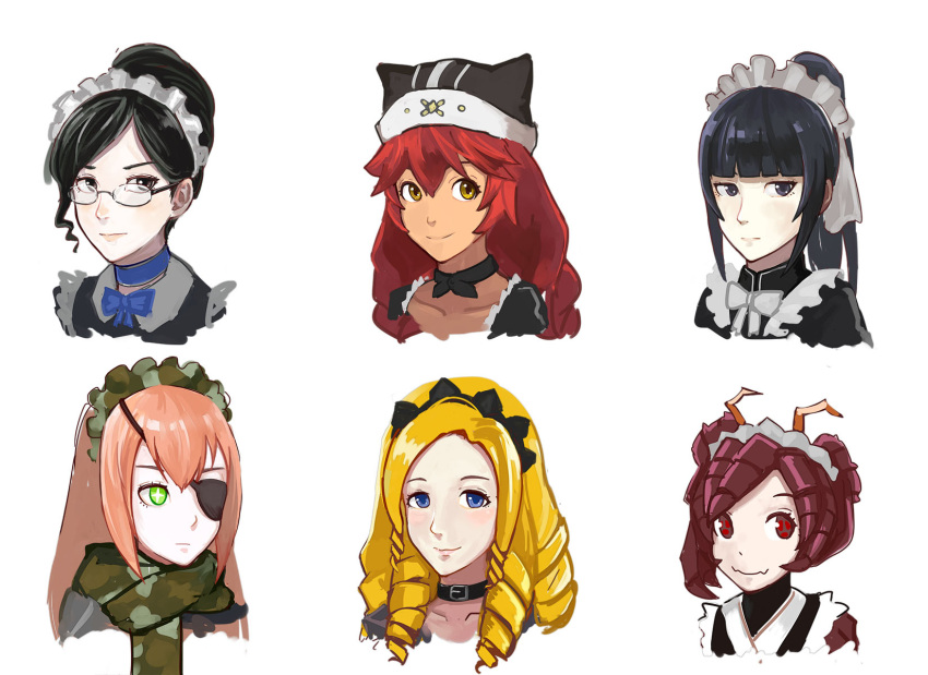 6+girls, bass386, black_eyes, black_hair, blonde_hair, blue_eyes, braid, collar, cz2128_delta, dark_skin, drill_hair, entoma_vasilissa_zeta, eyepatch, frills, glasses, green_eyes, lupusregina_beta, maid, maid_headdress, multiple_girls, narberal_gamma, overlord_(maruyama), pink_hair, ponytail, red_eyes, redhead, ribbon, scarf, smile, solution_epsilon, twin_braids, yellow_eyes, yuri_alpha
