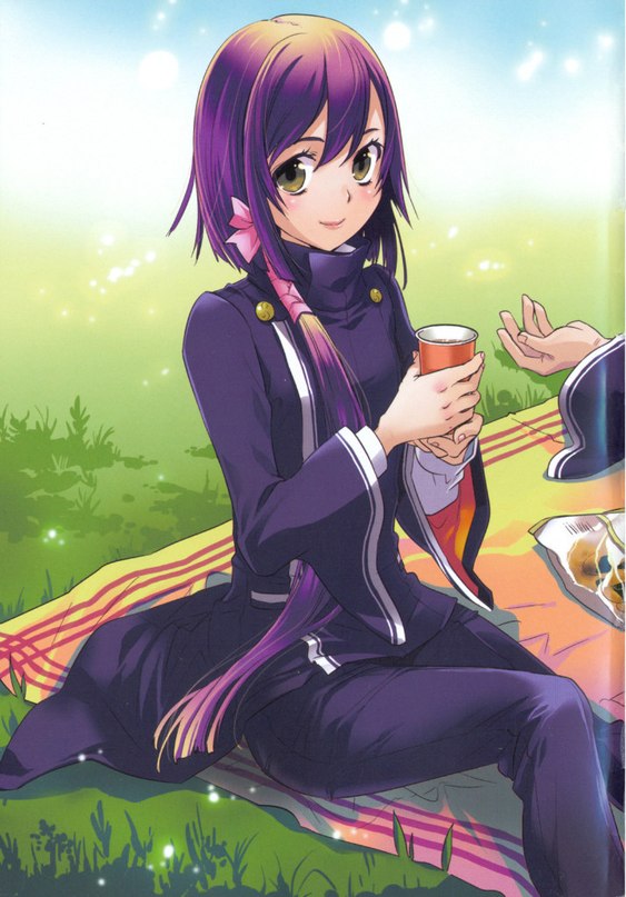 1girl, almond_eyes, cup, field, grass, long_hair, outdoors, picnic, purple_hair, scan, school_uniform, sitting, smile, snack, tagme, tokyo_ravens, tsuchimikado_natsume