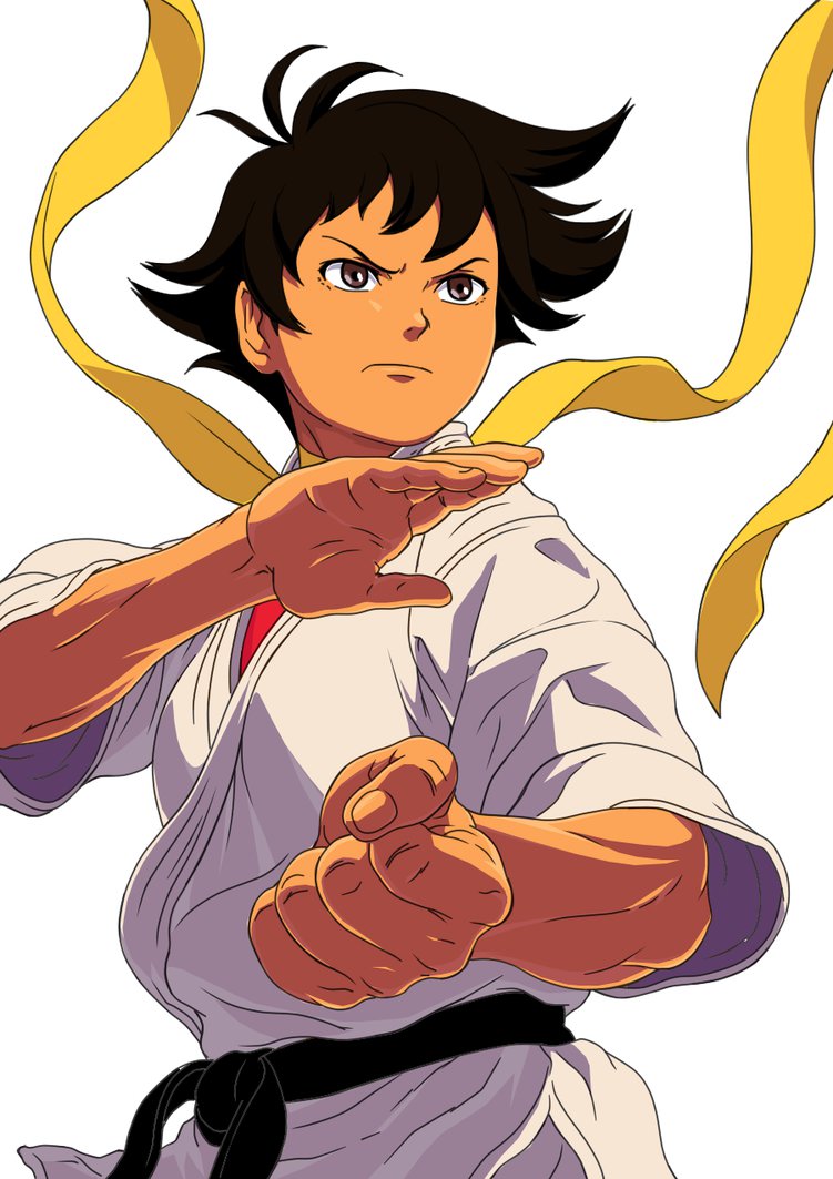 1girl, black_hair, capcom, dougi, fighting_stance, makoto_(street_fighter), short_hair, solo