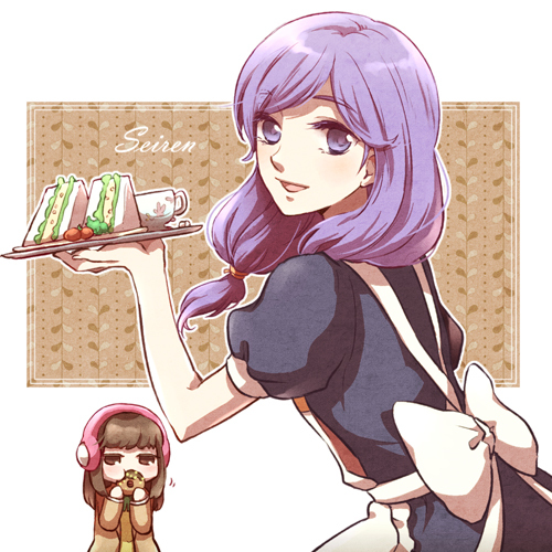 2girls, atlus, breasts, brown_hair, chiki_yome_p, female, genei_ibunroku_#fe, multiple_girls, nintendo, purple_hair, smile, tomi_(gu_souge), waitress