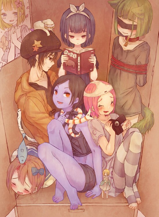1boy, 6+girls, animal_ears, bangs, barefoot, bdsm, black_hair, blindfold, blood, blue_skin, blush, bondage, book, bow, camcorder, closed_eyes, collar, collarbone, feet, female_pervert, flower, hair_bow, hair_flower, hair_ornament, hantoumei_namako, hat, jacket, midriff, minigirl, multiple_girls, object_on_head, original, panties, panties_on_head, parted_bangs, pink_hair, poster, reading, snake, striped_legwear, tail, underwear, wavy_mouth