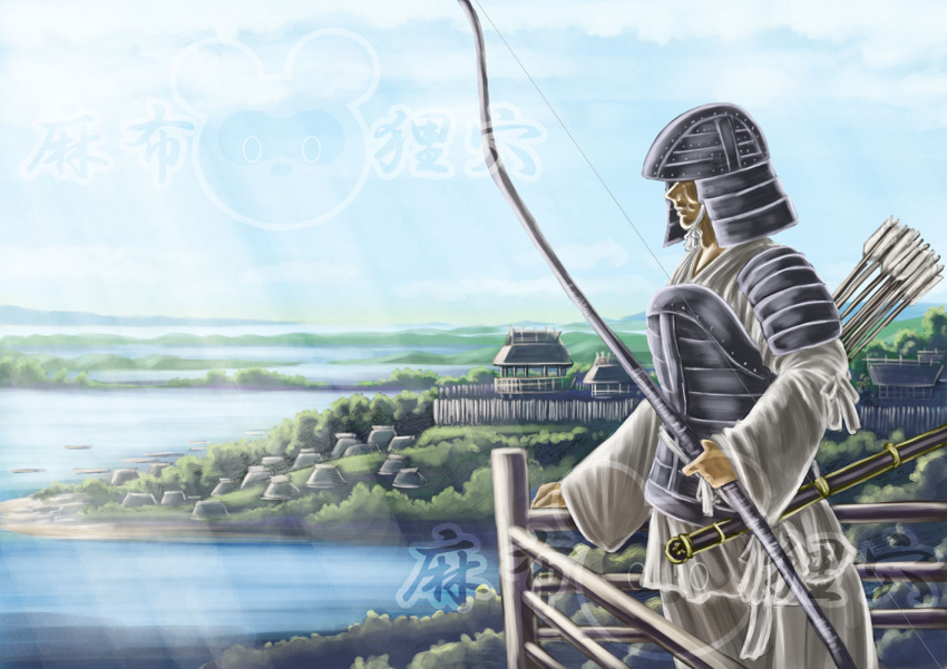 1boy, armor, arrow, bow_(weapon), helmet, highres, japan, kofun_period