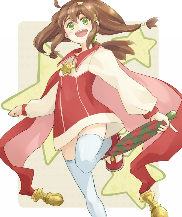 1girl, ahoge, blush, brown_hair, cape, coat, green_eyes, hair_ornament