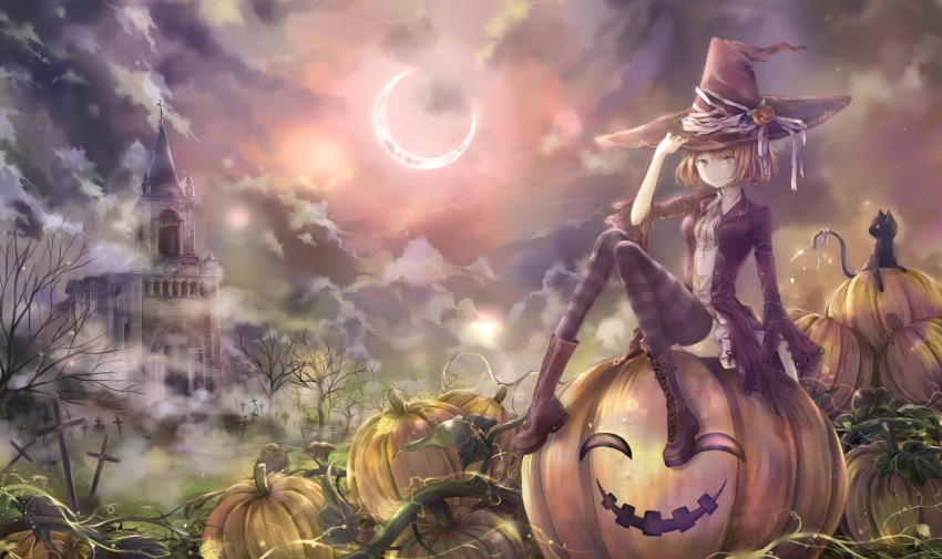 1girl, animal, blonde_hair, boots, cat, clouds, cross, halloween, hat, md5_mismatch, mio_(pixiv6572033), moon, original, pumpkin, resized, short_hair, shrine, thigh-highs, tree, violet_eyes, witch, witch_hat