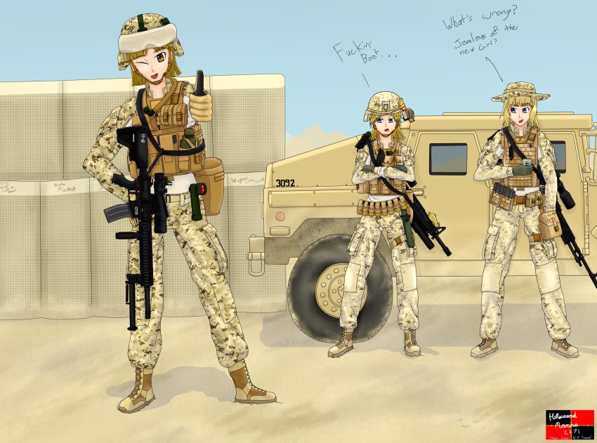 3girls, absurdres, assault_rifle, battle_rifle, ground_vehicle, gun, highres, hollywoodmarine2171