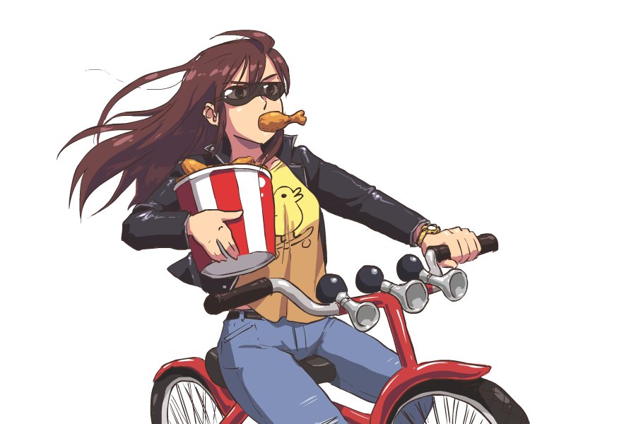 bicycle, brown_hair, chicken, chicken_wing, denim, food, glasses, horn, jacket, jeans, john_su, leather, leather_jacket, long_hair, pants, simple_background, sunglasses, watch, watch, white_background