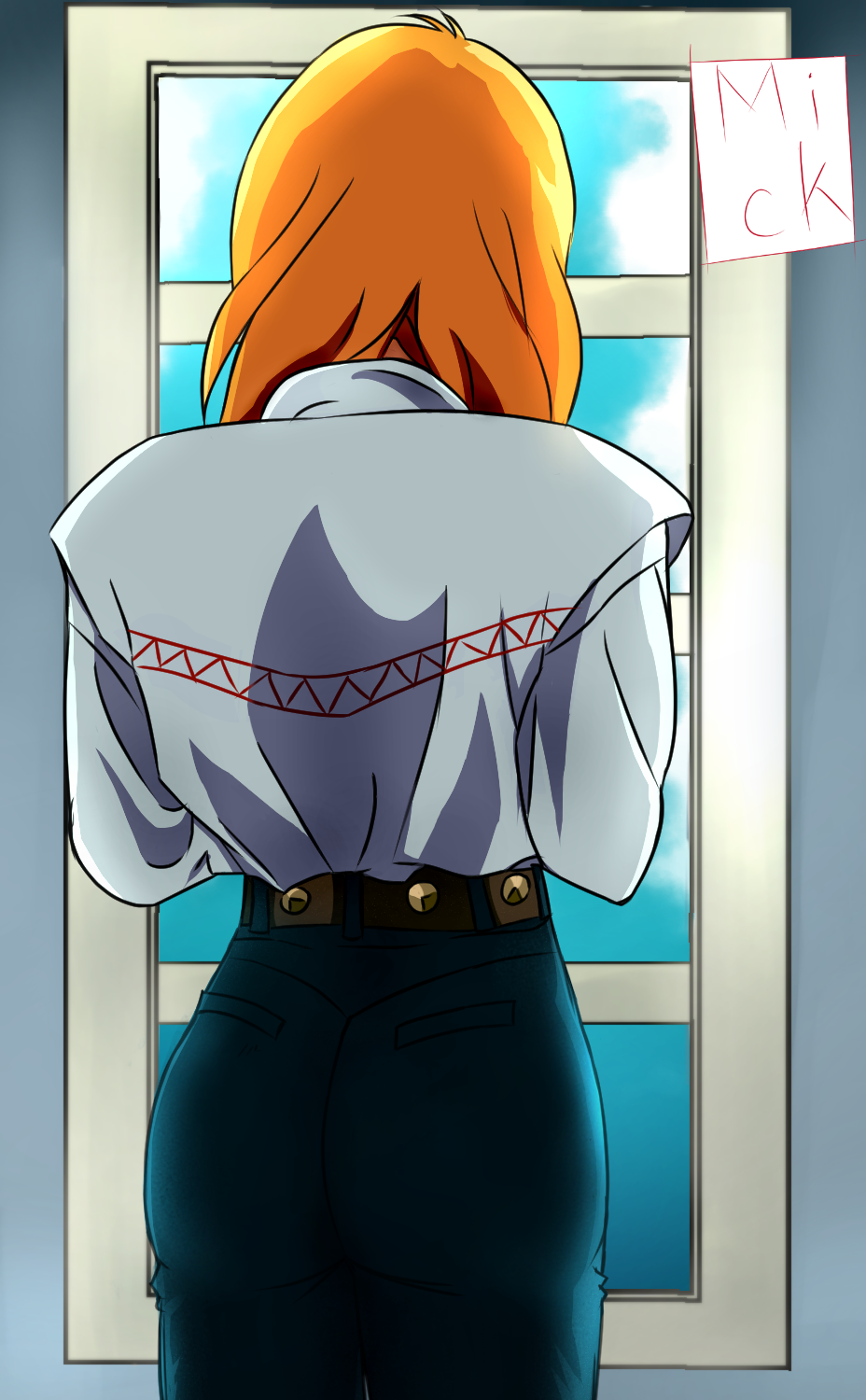1girl, 90s, artist_name, ass, belt, cecily_fairchild, denim, from_behind, gundam, gundam_f91, hatsune_mick, jeans, long_hair, orange_hair, pants, solo, tight_pants, window