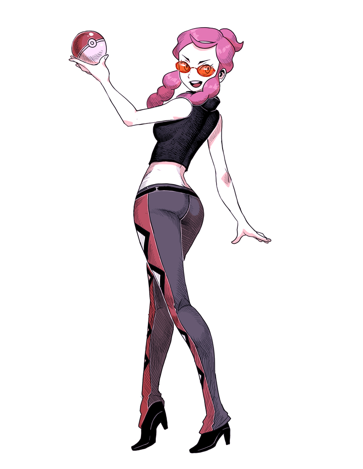 10s, 1girl, ass, elite_four, full_body, genzoman, glasses, midriff, pachira_(pokemon), pink_hair, pokemon, pokemon_(game), pokemon_xy, solo, sunglasses