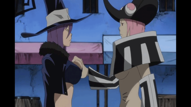 2girls, animated, animated_gif, blair, breast_squeeze, breasts, detached_sleeves, hat