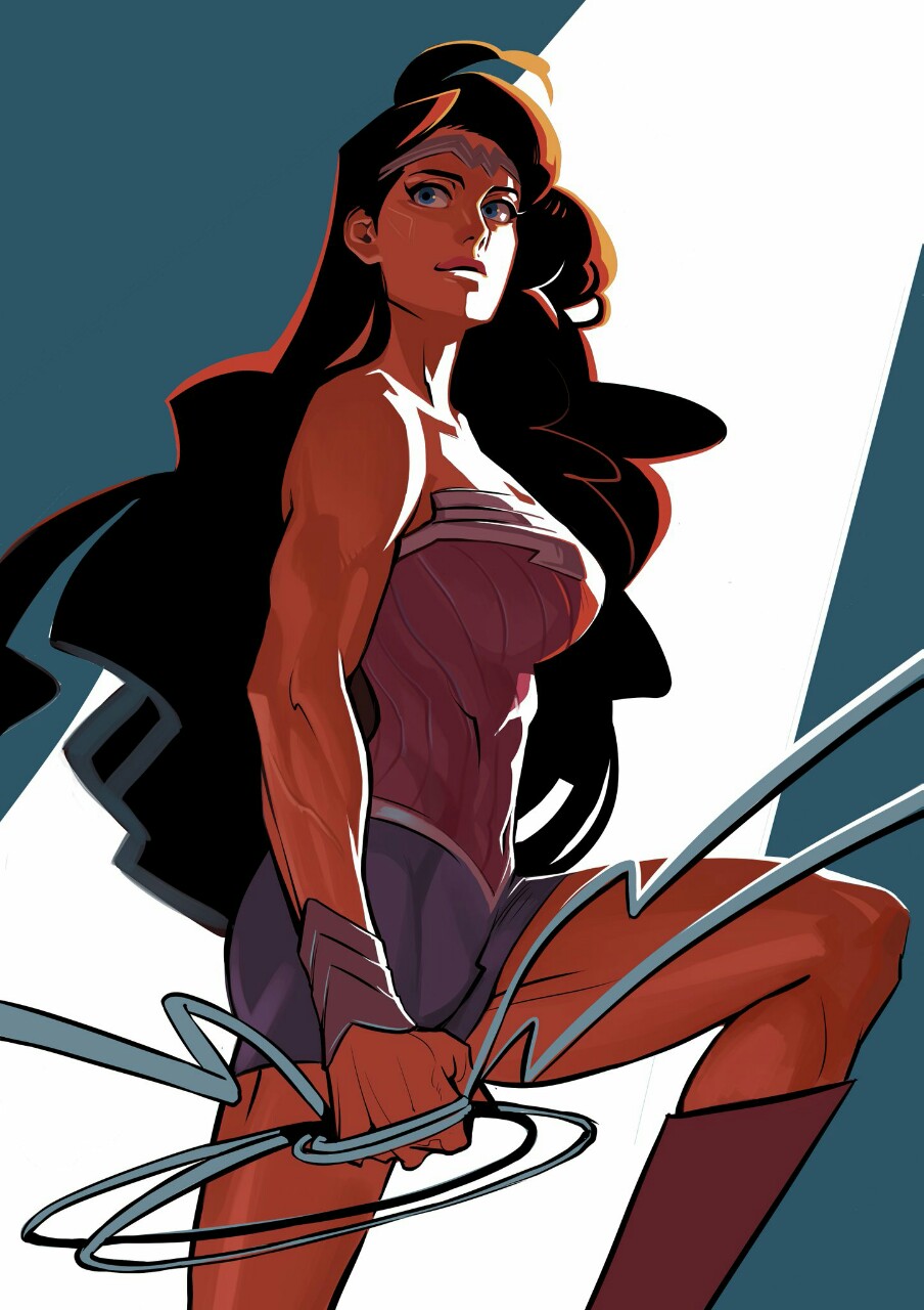 1girl, black_hair, blue_eyes, boots, bracelet, circlet, dc_comics, female, highres, jewelry, knee_boots, lasso, lee_dajung, light_smile, long_hair, looking_afar, muscle, shorts, simple_background, smile, solo, wonder_woman, wonder_woman_(series)